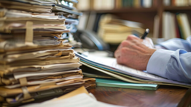 A diligent lawyer carefully reviews legal documents in a modern office setting, surrounded by stacks of case files, law books, and a laptop, showcasing professionalism and attention to detail