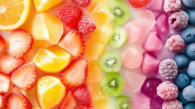 a colorful arrangement of various fruits, organized in a gradient pattern from left to right. Starting from the left, there are slices of orange, followed by strawberries, then chunks of mango 
