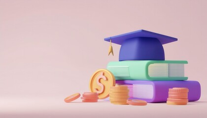 Colorful stack of books with a graduation cap and coins, symbolizing education, finance, and academic achievement.