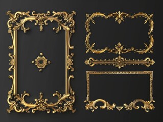 Set of decorative gold frames against a dark backdrop, ideal for use in luxury branding or design projects