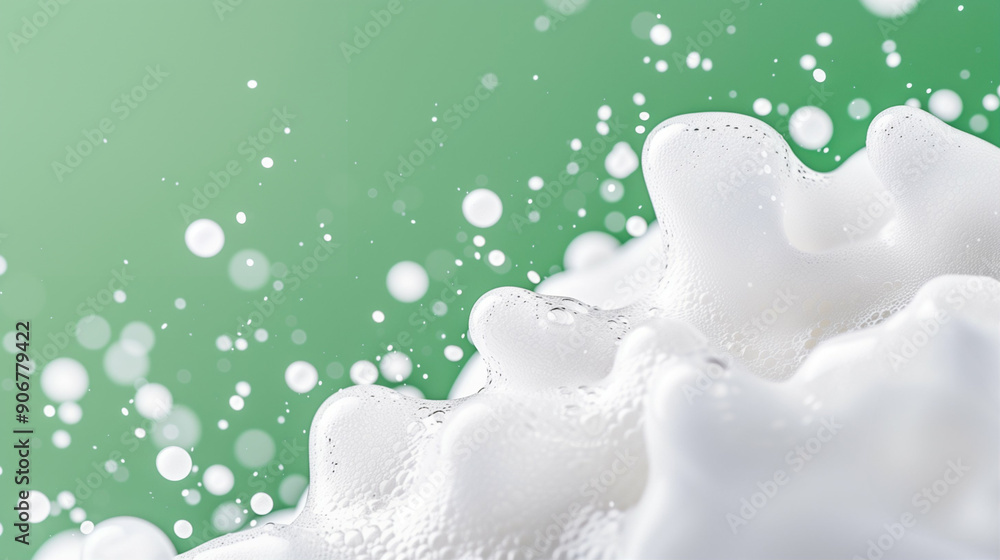 Poster foam and bubbles on a green background. captivating close-up of white foam with air bubbles creating