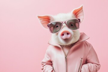 Stylish Pig Wearing Sunglasses and pink leather jacket on pink background, used for advertising.