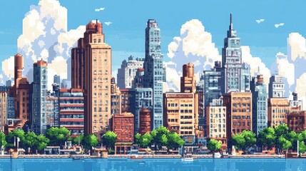 Fototapeta premium Classic 8-bit pixel art cityscape, evoking a nostalgic retro video game feel.