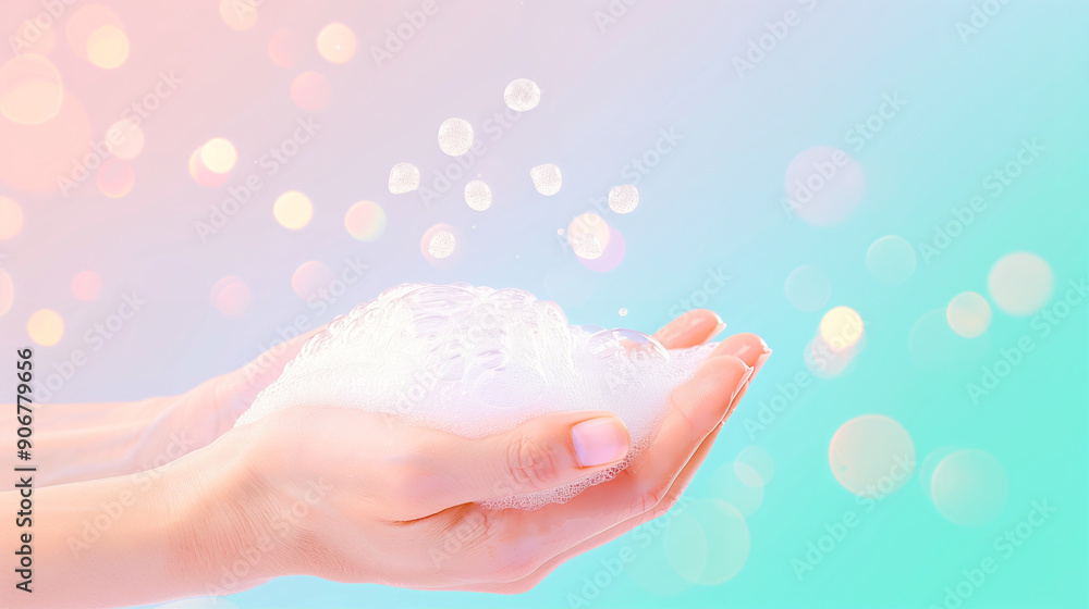 Poster hands with soap and bubbles creating a refreshing clean feeling. soft pastel background enhancing th