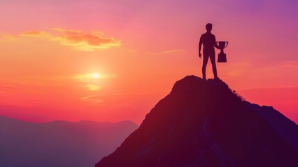 Silhouette of a businessman holding a trophy on top of a mountain with sunset Ideas for doing business successfully