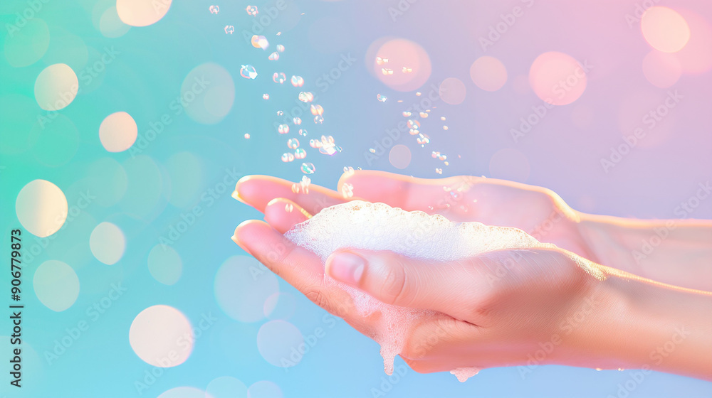 Poster hands with soap bubbles and foam in soft focus. close-up of washing hands with soap sparkling bubble