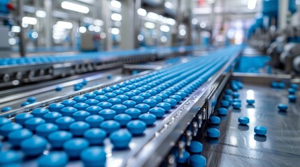 Blue tablets are being transported on a conveyor belt in a pharmaceutical manufacturing facility, showcasing the production process