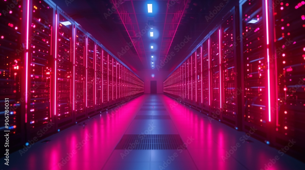 Poster a corridor in a data center illuminated by vibrant pink lights showcasing rows of high-tech servers.