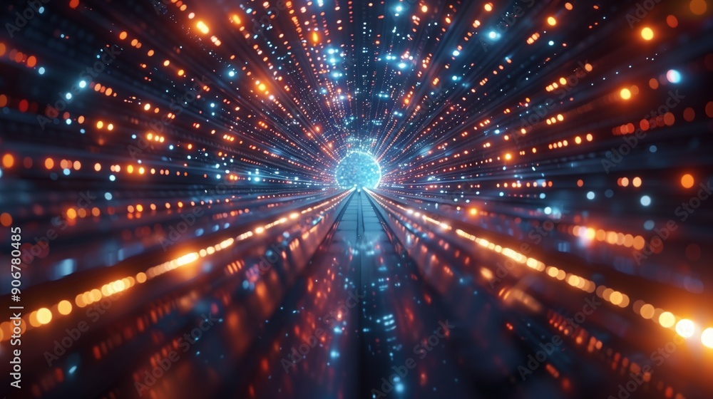 Poster a mesmerizing tunnel of lights radiates hues of blue and orange, creating a sense of depth and movem
