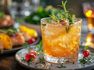 a glass of drink with ice and herbs on a plate.

