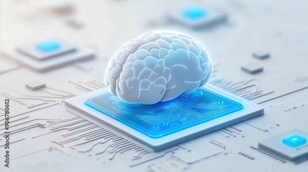 Poster a futuristic representation of a brain on a microchip, symbolizing artificial intelligence and techn