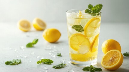 Summer Refreshment - Cool Lemonade with Ice and Fresh Mint Leaves on White Background