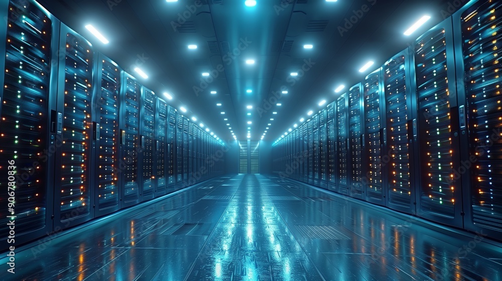 Poster the bustling interior of a data center features rows of server racks glowing with lights in a high-t