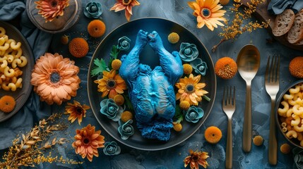 Naklejka premium A striking display of a blue figurine surrounded by vibrant flowers and macaroni on a beautifully arranged plate