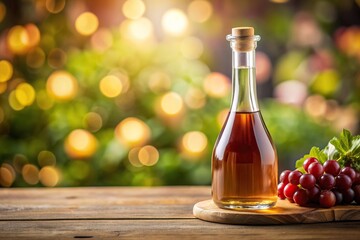 culinary, aged, close-up, glass, wooden, kitchen, liquid, table, condiment bottle., shallow depth of field, food, condiment, wine, Bottle of wine vinegar against a blurred background