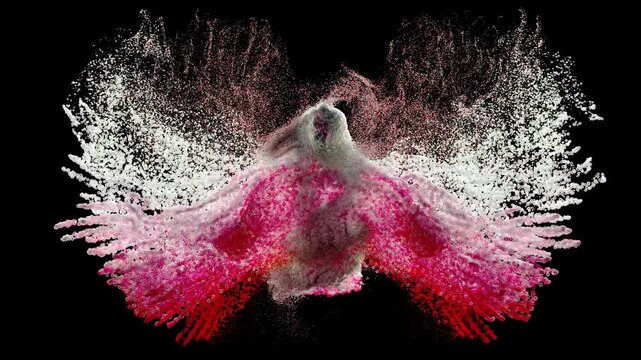 3d render abstract art video animation of surreal 3d model with flying bird eagle based on small balls spheres particles structure in translucent purple color material on black background