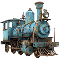 Naklejka premium A blue train with a rusted engine and a light on top. The train is old and has a vintage look to it
