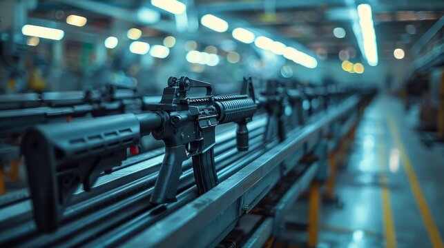 Assembly line showcases various firearms being manufactured, highlighting machinery and workers in a well-lit production facility