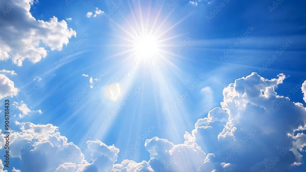 Poster bright sun rays casting light on a partly cloudy sky, cheerful atmosphere