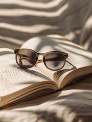 A pair of sunglasses is sitting on top of an open book