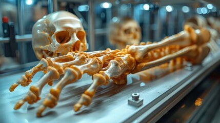 Obraz premium A detailed view of a human skeleton and arm bones arranged for educational purposes in a medical facility