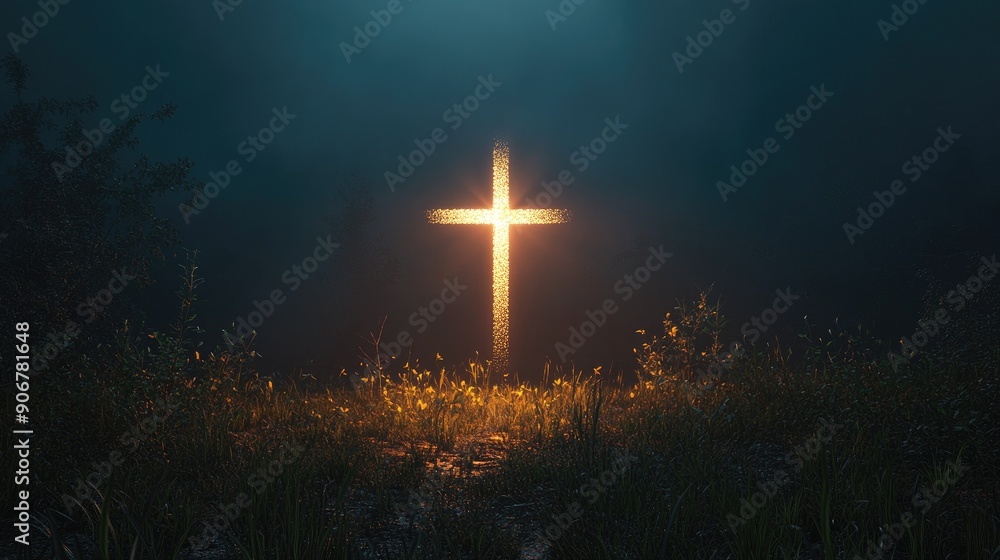 Poster cross of light against a dark backdrop, creating a visually impactful and spiritual scene.