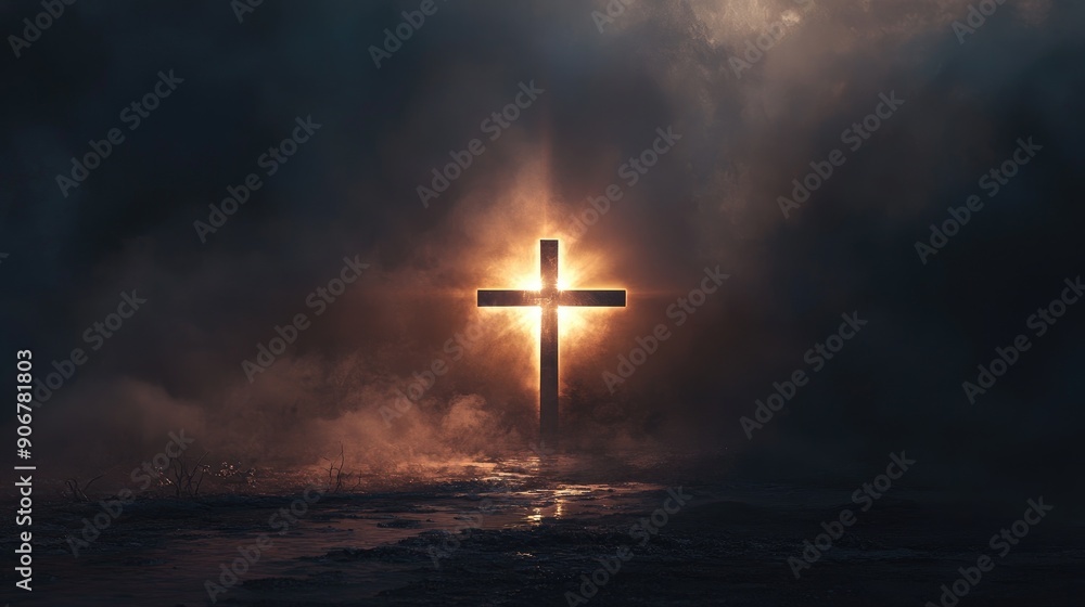Poster cross of light against a dark backdrop, creating a visually impactful and spiritual scene.