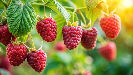 crop, summer, fresh, vibrant, fruit, plant, raspberries, berry, ripe, red, farming,branch, close-up, agriculture, harvest, garden, Close Up of a branch of ripe red raspberries in a garden