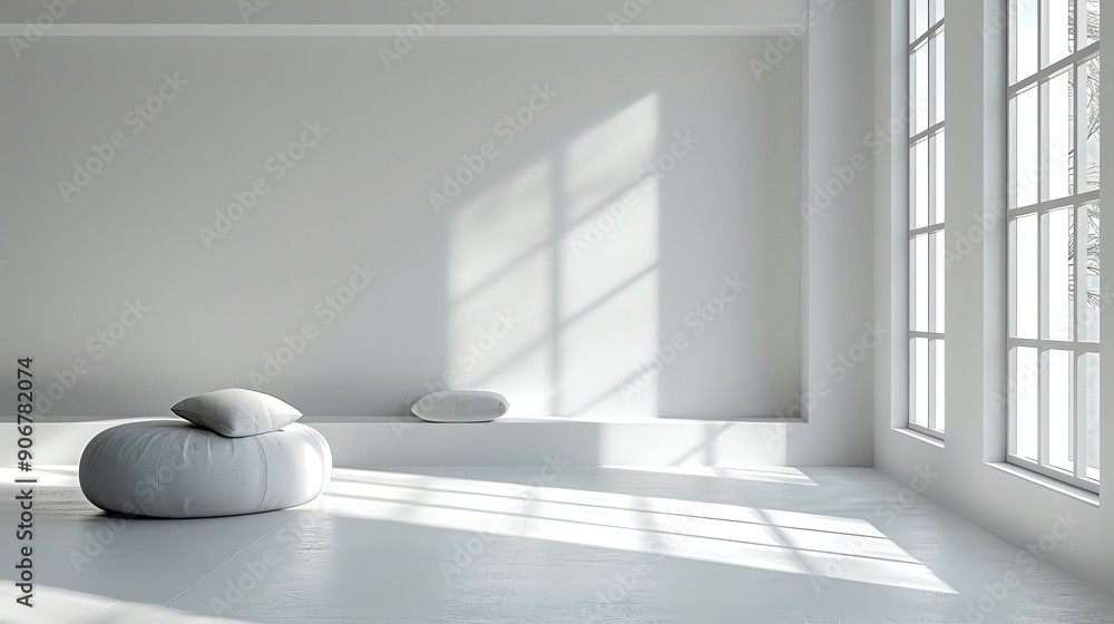Poster a serene and minimalistic room with light flowing through large windows, creating a peaceful atmosph