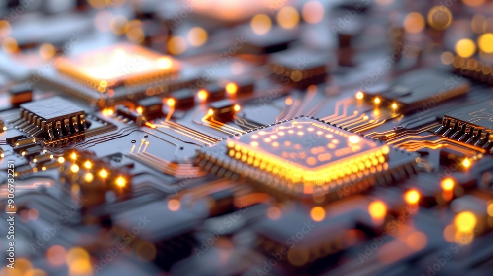 Poster close-up of a glowing circuit board with microchips and connecting wires. abstract technology concep