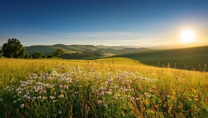 Fototapeta premium A peaceful meadow dotted with wildflowers, bathed in golden sunlight with distant rolling hills and a clear blue sky overhead.