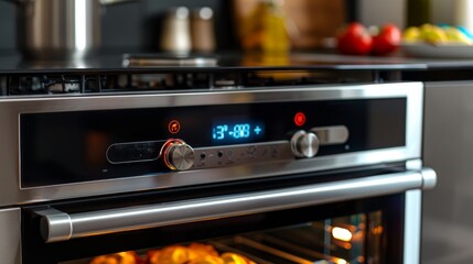 Close-up of a modern, stainless steel oven with a digital display and a glowing interior.