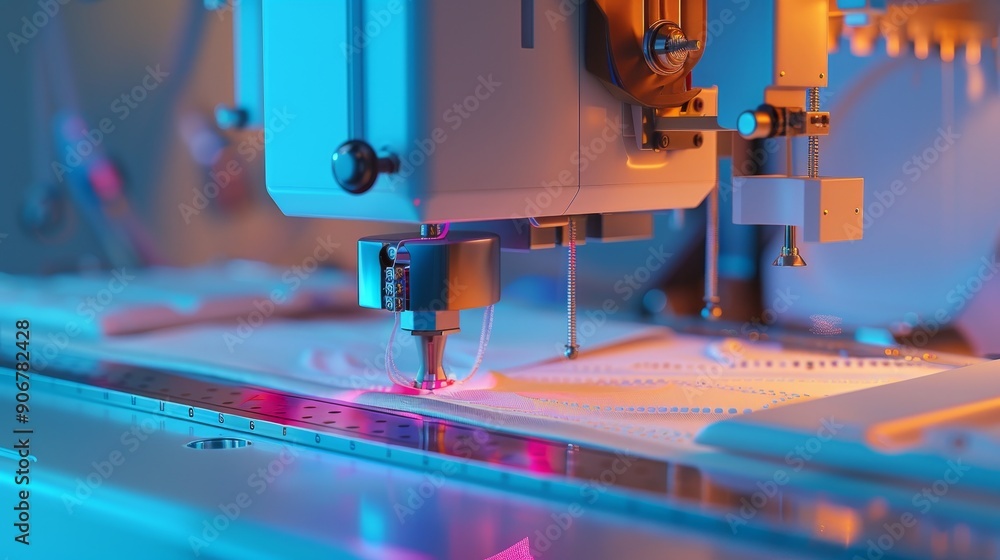 Poster closeup of a robotic arm working on a circuit board in a factory setting. the machine is lit with bl