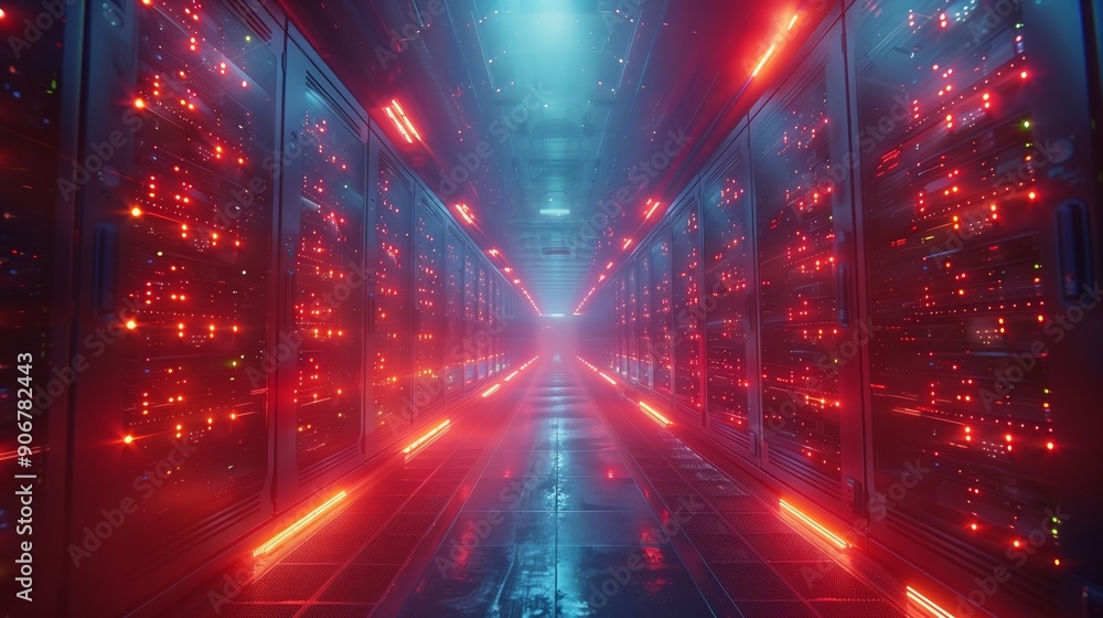Poster flickering red and blue lights illuminate server racks in a modern data center, creating a futuristi