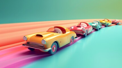 A line of colorful toy cars race down a rainbow track.