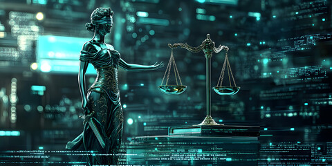 A woman in a futuristic setting holding a scale