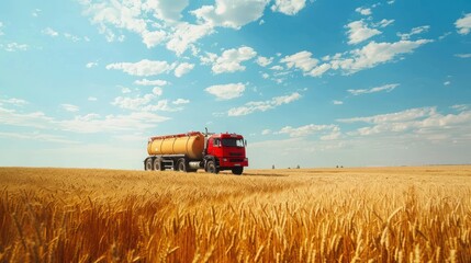 Obraz premium Truck with oil tank on wheat field