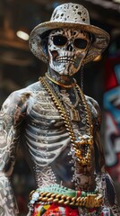 Obraz premium Stylish Individual With Elaborate Tattoos Posing in Urban Setting During Daylight