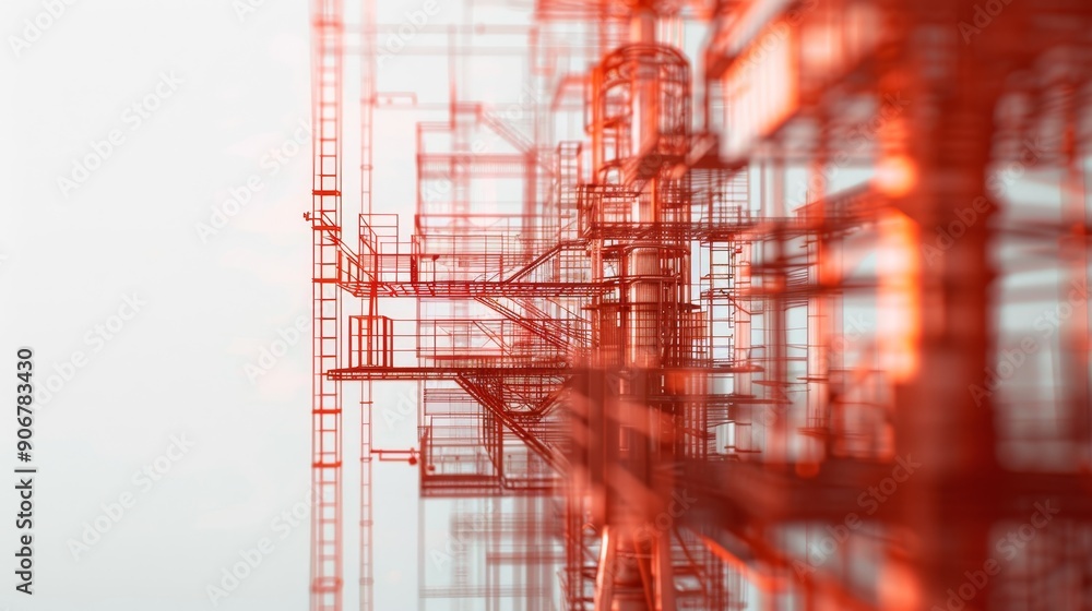 Poster abstract image of red metal framework against a white background.