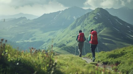 Trekking concept two tourists walking mountains.