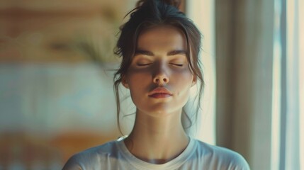 Just breathe and relax. portrait of serene young woman enjoying meditation in apartment. her eyes are closed with pleasure.