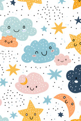 A colorful pattern of clouds and stars with smiling faces