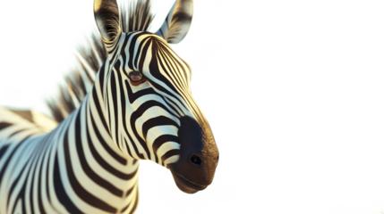 A zebra is standing in front of a white background