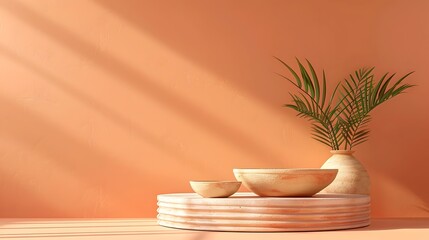 Terracotta Podium Display on Warm Orange Background with 3D Rendering