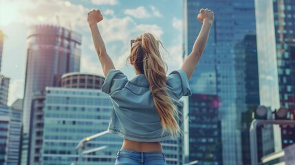 Confident young woman with fist in the air facing the city. people power and strong young woman concept.