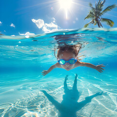 Naklejka premium Young girl is having fun swimming underwater in the ocean on a sunny day