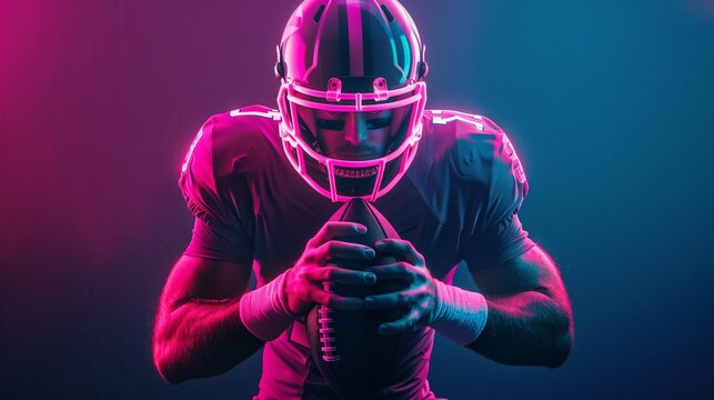 Caucasian male american football player holding ball with neon pink lighting. - Powered by Adobe