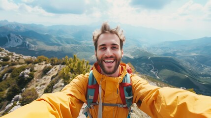 Young hiker man taking selfie portrait on the top of mountain - happy guy smiling at camera - tourism sport life style and social media influencer concept.