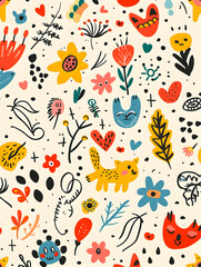 A colorful and whimsical drawing of flowers, animals, and other objects