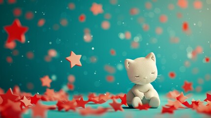Obraz premium A white cat figurine sits amidst falling red stars on a teal background. The cat is closed-eyed and appears to be sleeping peacefully.